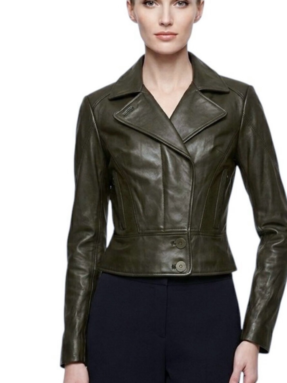Nicole Miller Brown / Olive Green Leather Fitted moto Jacket